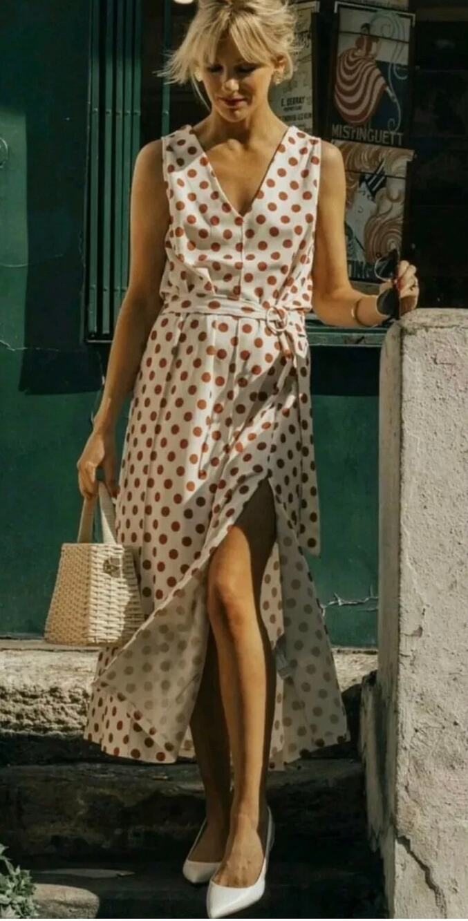 Zara Polka Dot Midi Dress White Red Sleeveless Belted V Neck Button Front Large